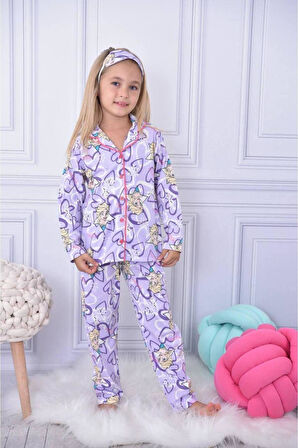 Kız Çocuk Düğmeli Desenli Uzun Kollu Pijama Takımı