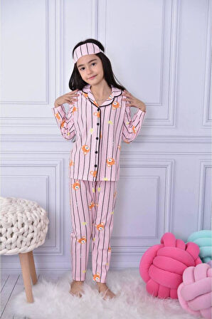 Kız Çocuk Düğmeli Ayıcık Desenli Uzun Kollu Pijama Takımı