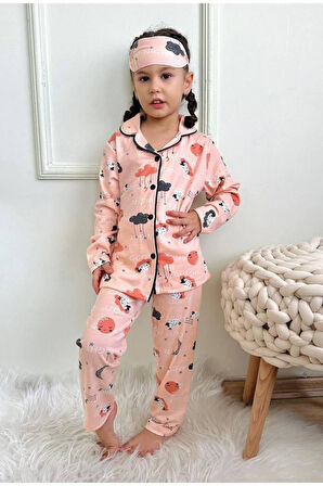 Kız Çocuk Düğmeli Kuzu Desenli Uzun Kollu Pijama Takımı