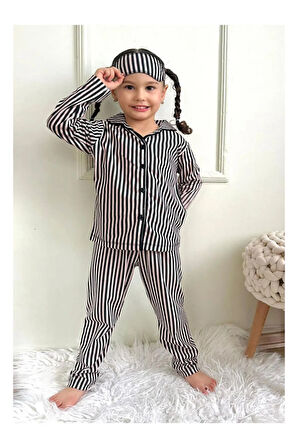 Kız Çocuk Düğmeli Cizgili Ayıcık  Desenli Uzun Kollu Pijama Takımı