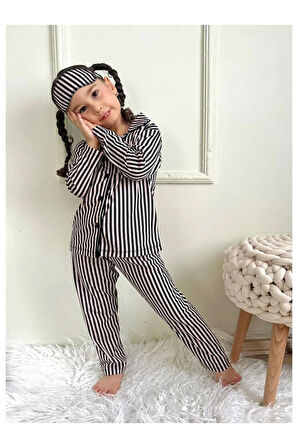Kız Çocuk Düğmeli Cizgili Ayıcık  Desenli Uzun Kollu Pijama Takımı