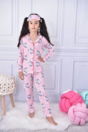 Kız Çocuk Düğmeli  Desenli Uzun Kollu Pijama Takımı