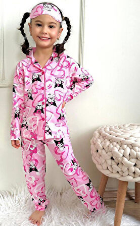 Kız Çocuk Düğmeli Pembe Kedi Desenli Uzun Kollu Pijama Takımı