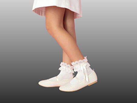 2'li Kız Çocuk Krem Dantel Kurdele Detaylı Soket çorap