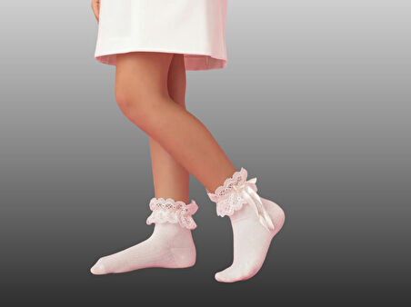 2'li Kız Çocuk Krem Dantel Kurdele Detaylı Soket çorap