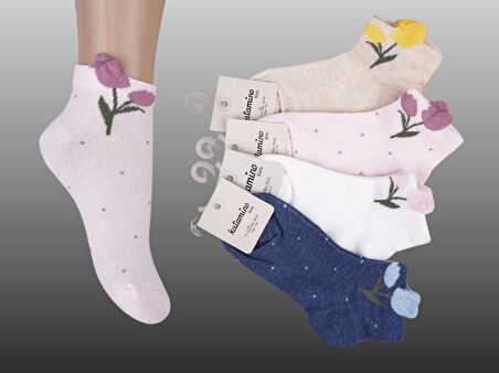 4'lü Kız Çocuk Çiçek Detaylı Patik Çorap