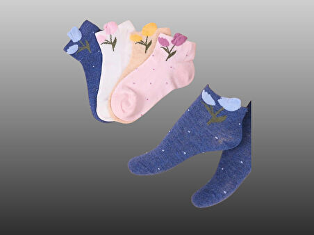 4'lü Kız Çocuk Çiçek Detaylı Patik Çorap