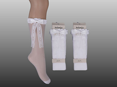 1'li Kız Çocuk İnce Dantel Kurdele Detaylı Dizaltı Çorap
