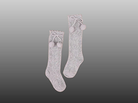1'li Kız Bebek Pon Pon Kurdele Detaylı Dizaltı Çorap Gri