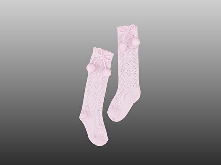 1'li Kız Bebek Pon Pon Kurdele Detaylı Dizaltı Çorap Pembe
