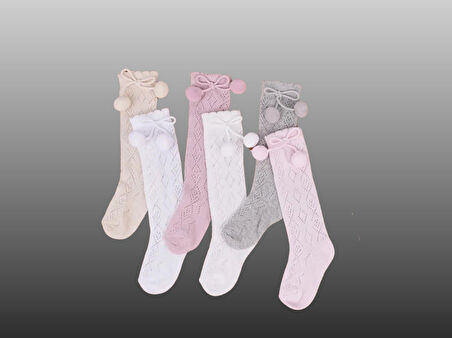 1'li Kız Bebek Pon Pon Kurdele Detaylı Dizaltı Çorap Pembe