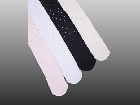 1'li Kız Çocuk İnce Simli Puantiye Detaylı Külotlu Çorap Krem