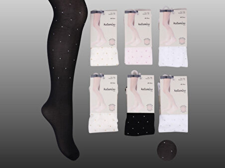 1'li Kız Çocuk İnce Simli Puantiye Detaylı Külotlu Çorap Krem