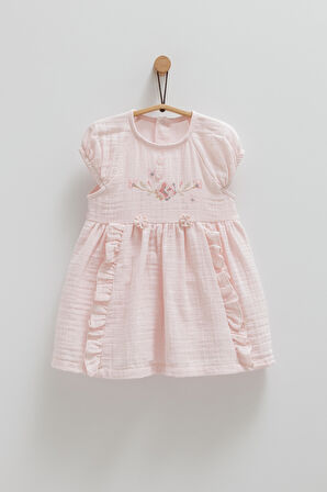 Kız Bebek Müslin Elbise Pembe Çiçek İşlemeli Eteği Fırfırlı