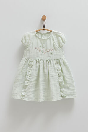 Kız Bebek Müslin Elbise Yeşil Çiçek İşlemeli Eteği Fırfırlı