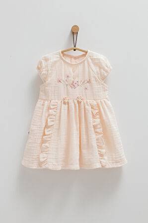 Kız Bebek Müslin Elbise Somon Çiçek İşlemeli Eteği Fırfırlı