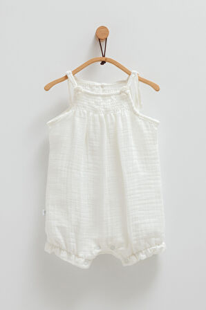 Kız Bebek Müslin Tulum Ekru Çiçek Detaylı