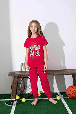 Kız Çocuk Mini Desenli Kırmızı Pijama Takımı