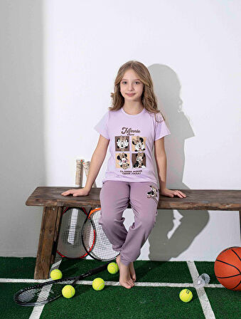 Kız Çocuk Mini Desenli Lila Pijama Takımı