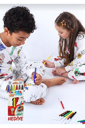 Unisex Desenli Boya Kalemi İle Boyanıp Yıkanabilen Uzunkollu Pijama Takımı Ve Boyakalemi