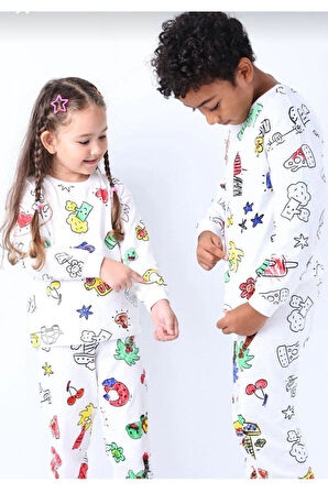 Unisex Desenli Boya Kalemi İle Boyanıp Yıkanabilen Uzunkollu Pijama Takımı Ve Boyakalemi