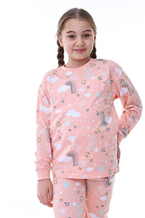 Kız Çocuk Gökkuşağı Desenli Uzun Kollu Pijama Takımı