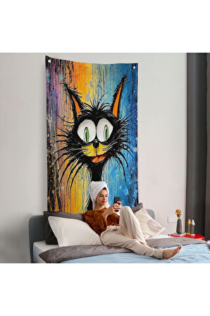 Yaplıboya Görünümlü Sevimli Kedi Duvar Örtüsü-7778