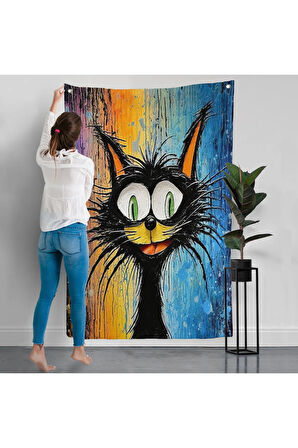 Yaplıboya Görünümlü Sevimli Kedi Duvar Örtüsü-7778
