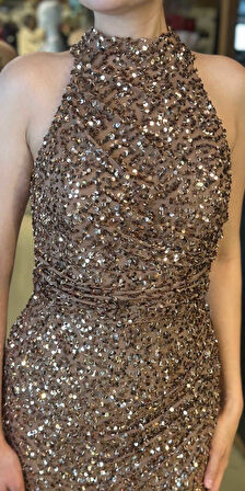 Bakır Stefanel Yaka Yırtmaçlı Düz Kesim Payet Uzun Abiye Elbise 7781