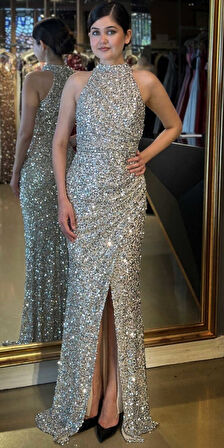 Gümüş Stefanel Yaka Yırtmaçlı Düz Kesim Payet Uzun Abiye Elbise 7781