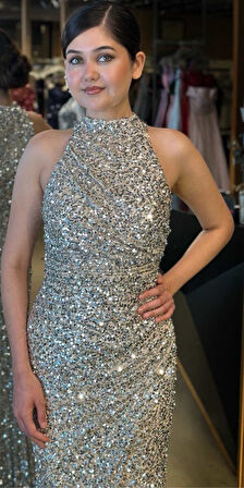 Gümüş Stefanel Yaka Yırtmaçlı Düz Kesim Payet Uzun Abiye Elbise 7781