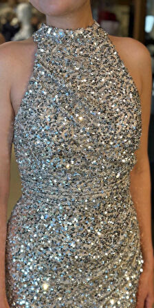 Gümüş Stefanel Yaka Yırtmaçlı Düz Kesim Payet Uzun Abiye Elbise 7781