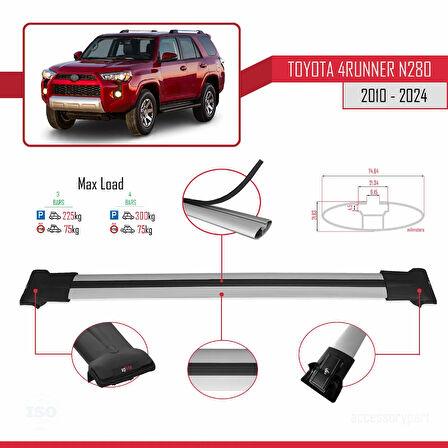 Toyota 4Runner (N280) 2010-2024 Arası ile Uyumlu FLY Model Ara Atkı Tavan Barı Gri 3 Adet