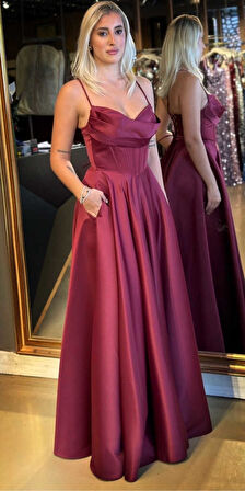 Vişne İp Askılı Sırt Dekolteli  Kloş Etekli Saten Uzun Abiye Elbise 7783