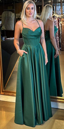 Yeşil İp Askılı Sırt Dekolteli  Kloş Etekli Saten Uzun Abiye Elbise 7783