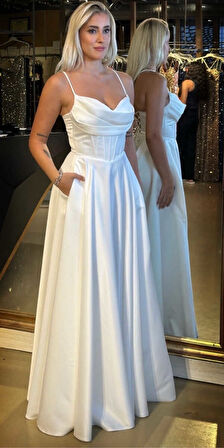 Beyaz İp Askılı  Sırt Dekolteli  Kloş Etekli Saten Uzun Abiye Elbise 7783