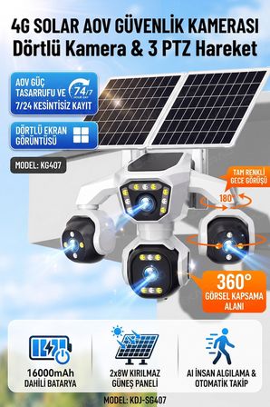 4 Kameralı - 2 Solar Panelli + Yeni Nesil + E- Sim Destekli + 20MP Güvenlik Kamerası  Yapay Zeka Tek