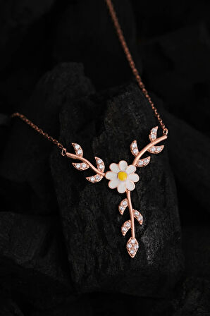 Kadın Gümüş Kolye - Sevgililer Günü - Hediye - Zirkon Taşlı Yaprak Model Papatya Kadın Kolye