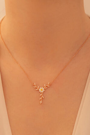 Kadın Gümüş Kolye - Sevgililer Günü - Hediye - Zirkon Taşlı Yaprak Model Papatya Kadın Kolye