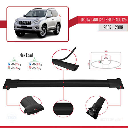 Toyota Land Cruiser Prado (J125) 2007-2009 Arası ile Uyumlu FLY Model Ara Atkı Tavan Barı Siyah 3 Adet