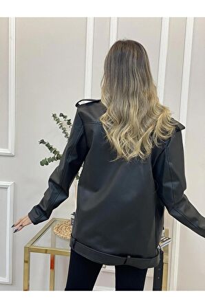 Kadın Siyah Apoletli Crop Deri Ceket