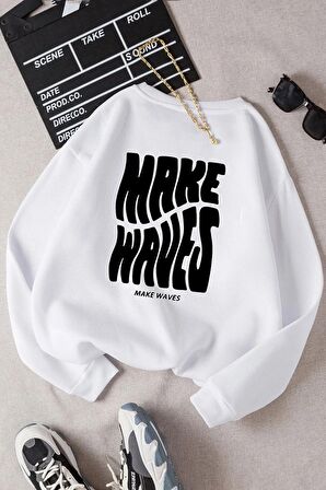 Siyah Oversize Kalıp Make Waves Tasarımlı Unisex Bisikletyaka Sweatshirt