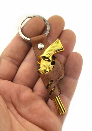 45 Lik Toplu Kovboy Tabancası Taba Kılıflı Anahtarlık - Gold Görünümlü