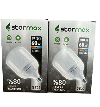 2 ADET-STARMAX 60W Torch LED Ampul E-27 Beyaz Işık 1750 LM