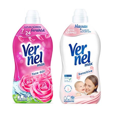 Vernel Max Kons.Çam.Yumuşatıcı 1440 ml Taze Gül ve Sensitive 2 li