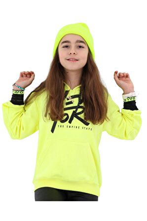 Kız Çocuk New York Desenli Kanguru Cepli Kapüşonlu Sweatshirt