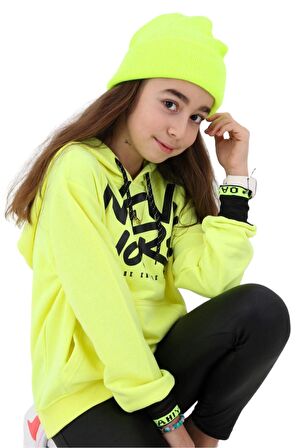 Kız Çocuk New York Desenli Kanguru Cepli Kapüşonlu Sweatshirt