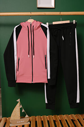 Unisex Şerit Detaylı Kapüşonlu Çocuk Eşofman Takımı