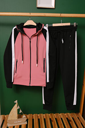 Unisex Şerit Detaylı Kapüşonlu Çocuk Eşofman Takımı