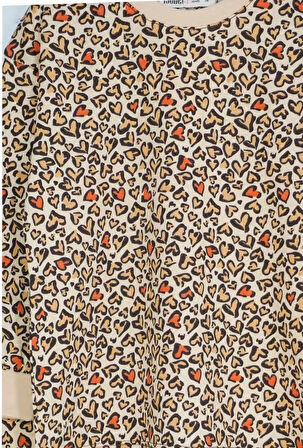 Leopar Kalp Desenli Kahverengi %95 Pamuk Uzun Kollu Kız Çocuk Pijama Takımı (3,4,5,6,7,8 Yaş)